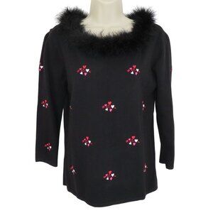 Etoile Medium Boat Neck Feather Embroidered Heart Valentines Pullover Sweater